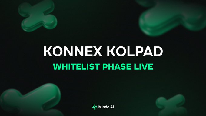 This image announces "KONNEX KOLPAD WHITELIST PHASE LIVE," which aligns with the post about the machine economy onboarding operators and the whitelist being open. The image also features the "Mindo AI" logo.