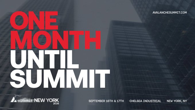 A promotional graphic for 'SUMMIT NEW YORK 2026' showing 'ONE MONTH UNTIL SUMMIT' in large red and white text over a dark cityscape, with details 'SEPTEMBER 16TH & 17TH, CHELSEA INDUSTRIAL, NEW YORK, NY' and the URL 'AVALANCHESUMMIT.COM'.