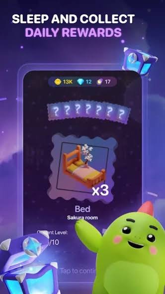 Mobile game promotional screen reading 'SLEEP AND COLLECT DAILY REWARDS' featuring a green dinosaur mascot and a 'Bed' item from the 'Sakura room' collection.