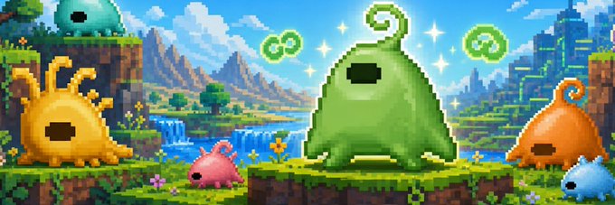 A colorful pixel-art style illustration featuring various cute slime or blob creatures in green, yellow, pink, orange, and blue against a vibrant landscape with mountains, waterfalls, and a castle.