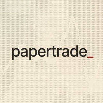 A minimalist beige graphic displaying the 'papertrade' logo in lowercase black and red text on a dotted background.
