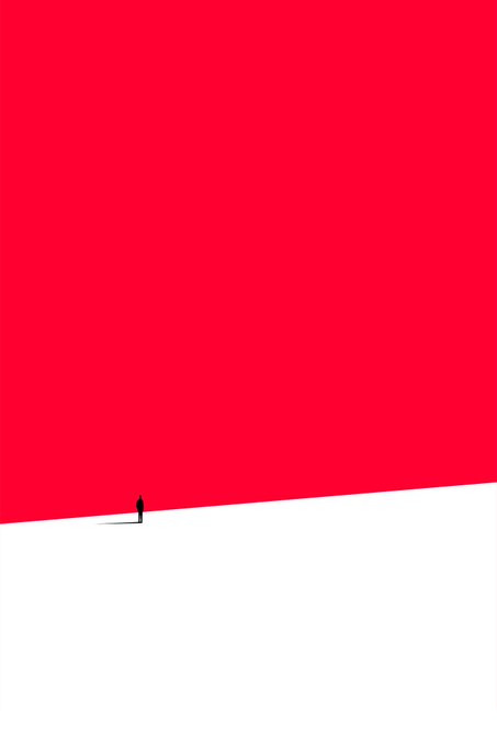 A minimalist illustration features a small silhouetted figure standing on a white surface against a vast, solid red background.