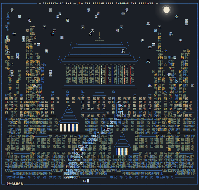 A blue ASCII art image on a black background, titled "TAKEBAYASHI.EXE - JII - THE STREAM RUNS THROUGH THE TERRACES", forms the shapes of pagodas and landscapes using Japanese characters and symbols.