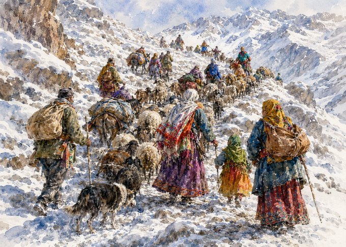 A watercolor painting depicting a large group of people and animals trekking through a snowy mountainous landscape.
