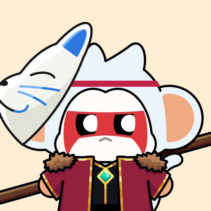 A cartoon character wearing a white mouse-shaped helmet/hat with blue ears, a red face mask, and a dark red robe with gold trim, holding a wooden staff.