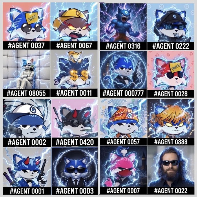 A grid of 16 cartoon NFT-style characters, each labeled with an agent number such as #AGENT 0037, #AGENT 0316, and #AGENT 0001, featuring various blue cat-like creatures with different outfits, accessories, and lightning effects.