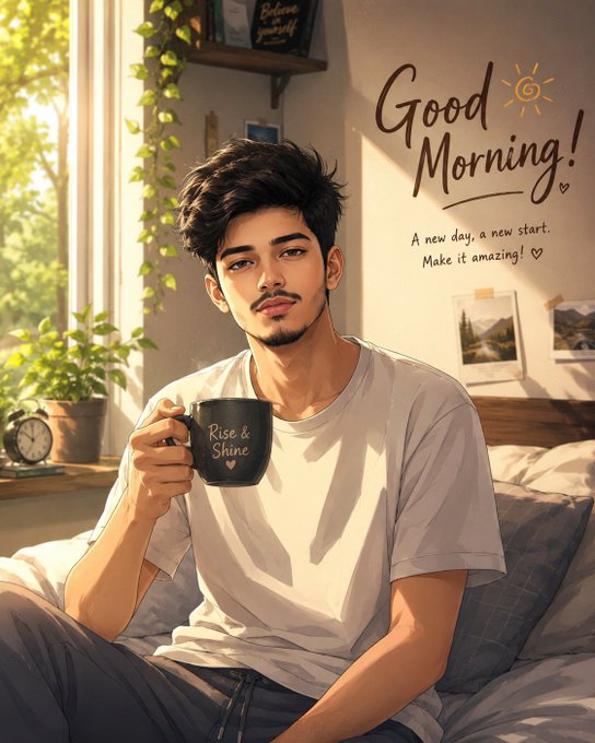 An anime-style 'Good Morning!' illustration showing a young man holding a 'Rise & Shine' coffee mug, with the text 'A new day, a new start. Make it amazing!' on the wall.