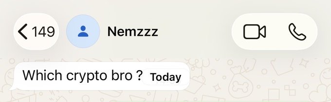 A Messenger chat screenshot shows a message from "Nemzzz" (contact 149) asking "Which crypto bro?" with a "Today" timestamp, referencing crypto culture alongside the post's anticipation of a bullish crypto market cycle.