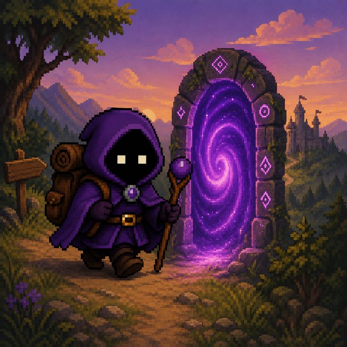 Pixel art shows a hooded purple-cloaked figure with glowing white square eyes, carrying a staff and backpack, walking toward a swirling purple portal at sunset.