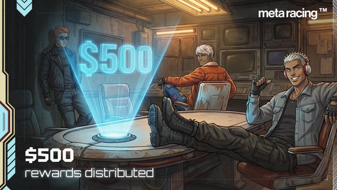 A comic-style promotional image for 'metaracing™' shows three characters in a sci-fi room with a glowing blue hologram of '$500', and text reading '$500 rewards distributed' in the corner.