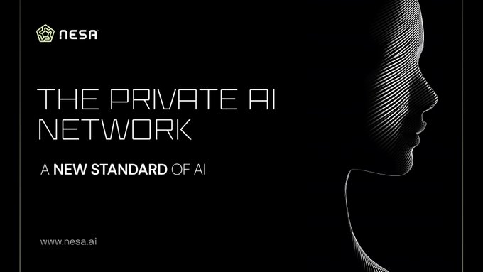 A sleek black promotional graphic for "NESA" featuring the tagline "THE PRIVATE AI NETWORK - A NEW STANDARD OF AI" alongside a stylized profile silhouette of a human face made of flowing lines. The minimal design reinforces the post's call for a new standard of private, human-centered artificial intelligence, with the website www.nesa.ai displayed at the bottom.
