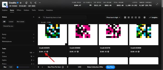 A screenshot of an NFT marketplace showing a collection called 'Credits' with pixel art items priced in ETH, with a red arrow pointing to a listing labeled 'Credit #25978' priced at $184.47.