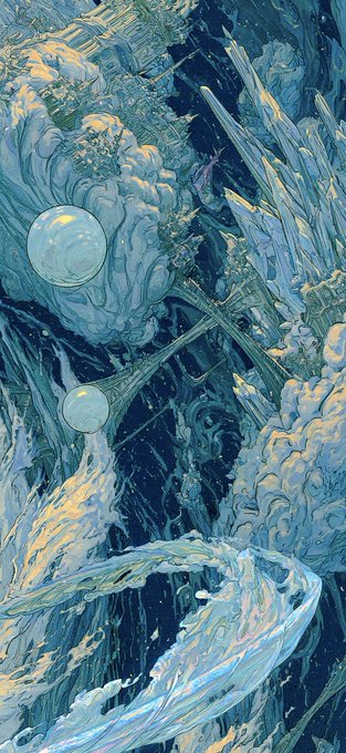 A stylized fantasy illustration featuring a figure and a crystalline tree in swirling blue and white icy tones.