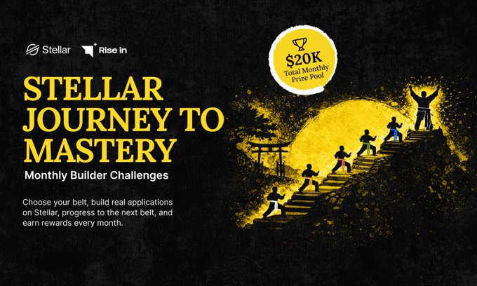 The image features an advertisement for a program called "Stellar Journey To Mastery" which is designed to help builders learn new skills and techniques by breaking down complex tasks into smaller, manageable steps. The poster includes a yellow background with black text that reads "Stellar Journey To Mastery". Below the title, there are descriptions of the different stages of learning, such as "Monthly Builder Challenges", "Build real applications on Starler", and "Empower yourself to build new products". At the bottom of the poster, there is a small image of a person holding a trophy.