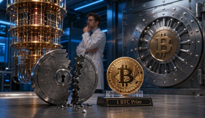 A shattered silver cryptocurrency coin lies broken next to a pristine gold Bitcoin display labeled "1 BTC Prize," while a contemplative researcher in a white lab coat stands before a massive quantum computer and bank vault bearing the Bitcoin symbol—visually representing the post's warning about researchers significantly reducing the computational resources needed to potentially break Bitcoin's and Ethereum's cryptographic security.