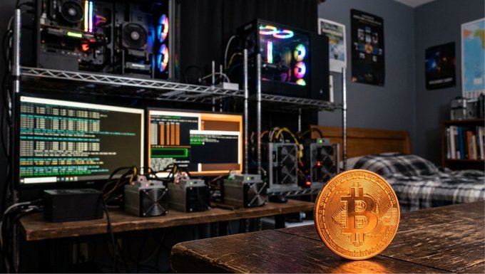 A cryptocurrency mining setup with multiple computers and monitors is shown next to a large Bitcoin token on a wooden table.