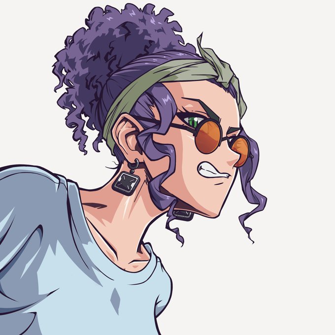 A digital illustration of a woman with curly purple hair, an olive green headband, orange-tinted glasses, and a star-shaped earring, wearing a light blue shirt.