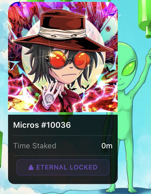 A digital NFT collectible card titled "Micros #10036" shows an anime-style character with a hat and sunglasses, marked as "ETERNAL LOCKED" with 0m time staked.