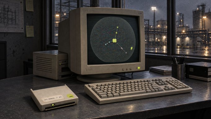 A vintage computer setup featuring a CRT monitor displaying a star map or radar interface, accompanied by an old keyboard and external drive on a desk, with a rainy industrial cityscape visible through the window.