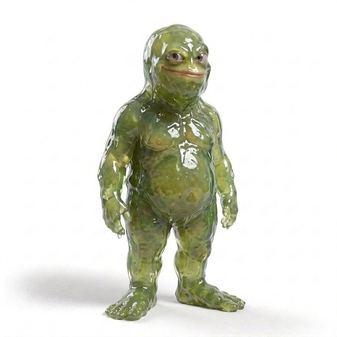 A green, glossy figurine of a humanoid creature with a smiling face and a gelatinous, slime-like appearance, photographed against a white background.