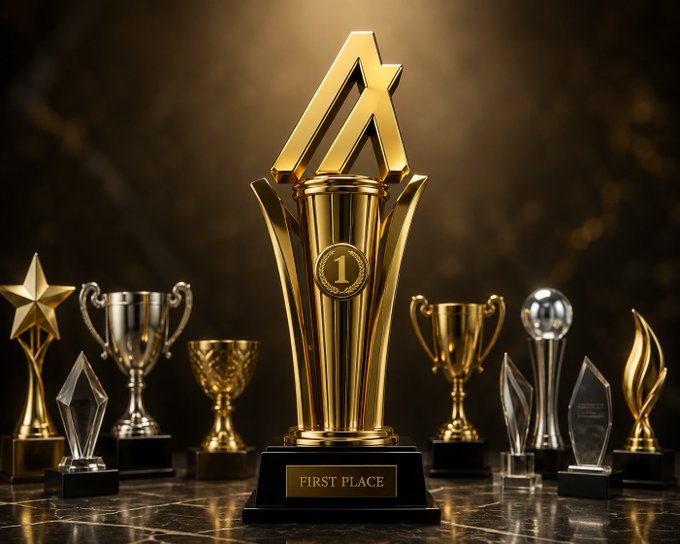 The image features a collection of golden trophies, including a trophy with an "A" on top that reads "First Place", placed on a marble table or floor. The trophies are arranged in various positions around the main trophy, creating a visually appealing display.
