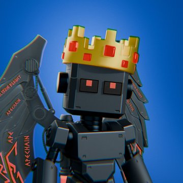 A 3D-rendered robot character with a dark gray metallic body, red pixelated eyes, and a yellow crown with red gems, holding a weapon. Text on the weapon reads 'BLOCK & FIGHT', 'AXE CHAIN', 'AXE', and 'PUNCH'.