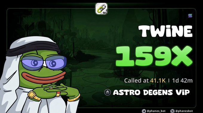A promotional graphic features the Pepe "Astro" character on the left against a dark swamp background, with large green text on the right announcing "TWINE 159x," called at 41.1K MC, credited to "ASTRO DEGENS VIP," alongside the @phanes_bot social handles, directly illustrating the post's claim of a massive 159x gain on the $TWINE token.