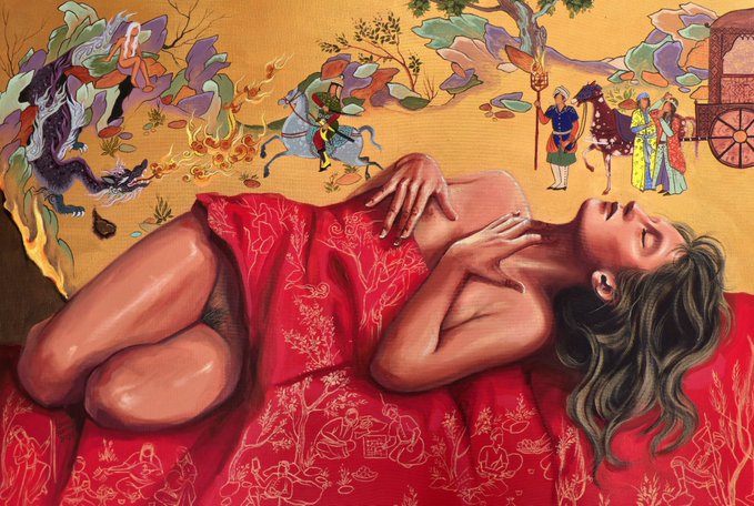 A surreal artwork of a woman in a red dress lying down, with a colorful painted scene featuring a dragon, warriors, and figures above her head.