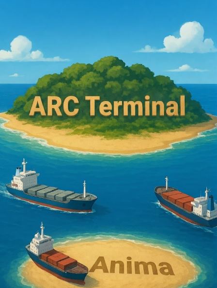 A pixel-art style image of a tropical island labeled 'ARC Terminal' with cargo ships sailing in the surrounding ocean, and an island labeled 'Anima' in the foreground.
