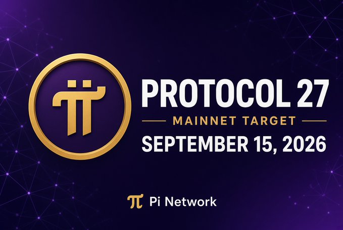 A promotional graphic for Pi Network displays "PROTOCOL 27 MAINNET TARGET SEPTEMBER 15, 2026" with the Pi logo against a purple geometric background.