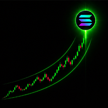 A green and red candlestick chart trending sharply upward against a black background, framed by glowing green trendlines and topped with the glowing Solana logo, visually suggesting a major bullish breakout in a SOL ecosystem project.