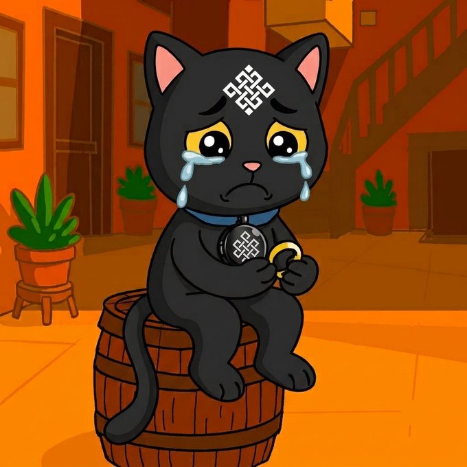 A cartoon black cat with a sad, teary expression sits on a wooden barrel holding a gold coin.