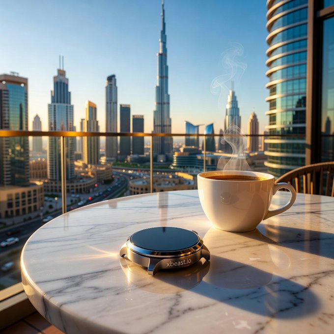 A steaming cup of coffee and a gold watch case labeled 'xbeast.io' sit on a round marble table overlooking the Dubai skyline, prominently featuring the Burj Khalifa.