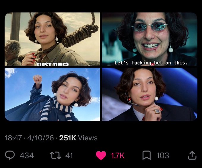 A four-panel social media post of a woman in different settings with the captions 'FIRST TIME?' and 'Let's fucking bet on this.', showing 251K views, 434 comments, 1.7K likes, and 103 bookmarks.