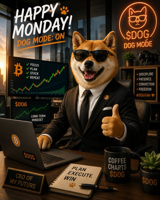 A motivational crypto-themed image with 'HAPPY MONDAY! DOG MODE: ON' text, showing a Shiba Inu dog in sunglasses and a suit at a desk with Bitcoin charts, labeled 'CEO OF MY FUTURE' and '$DOG'.