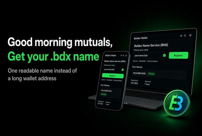A promotional graphic for Beldex Wallet's Beldex Name Service (BNS) features the headline "Good morning mutuals, Get your .bdx name" with the tagline "One readable name instead of a long wallet address," alongside mockups of the registration interface on both desktop and mobile displaying "mywallet.bdx" as a Primary name, directly illustrating the post's guide on obtaining a human-readable BNS name to replace long wallet addresses.