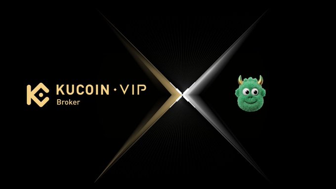A black background image featuring the KuCoin VIP Broker logo on the left and a small green fuzzy monster with horns on the right, separated by a glowing X-shaped light design.