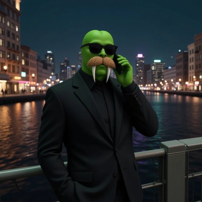 A 3D-rendered green-skinned character with a walrus mustache, tusks, sunglasses, and a black suit talks on a phone by a riverside railing with a city skyline at night behind him.
