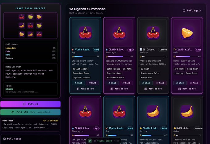 A screenshot of a 'CLAND GACHA MACHINE' interface showing 10 summoned agents, with mint rates listed (Legendary 3%, Epic 12%, Rare 35%, Common 50%) and a 'Pull x10 Rare+ guaranteed' button costing $CLAND tokens.