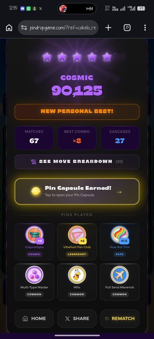 A mobile screenshot from pinatropgame.com showing a cosmic-themed match results screen with a score of 90,125, 67 matches, and a 'Pin Capsule Earned!' notification.