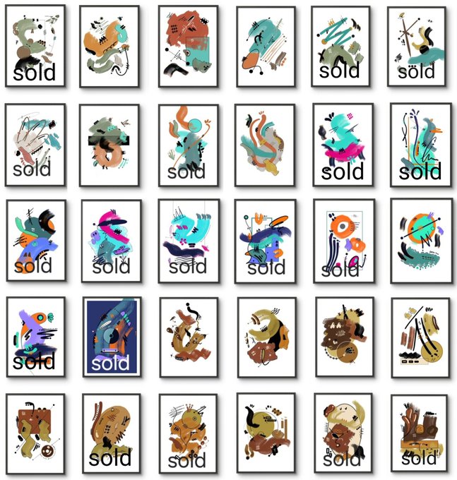 A grid of 30 abstract, colorful art prints arranged in five rows and six columns, many marked with the word "sold" across the artwork.