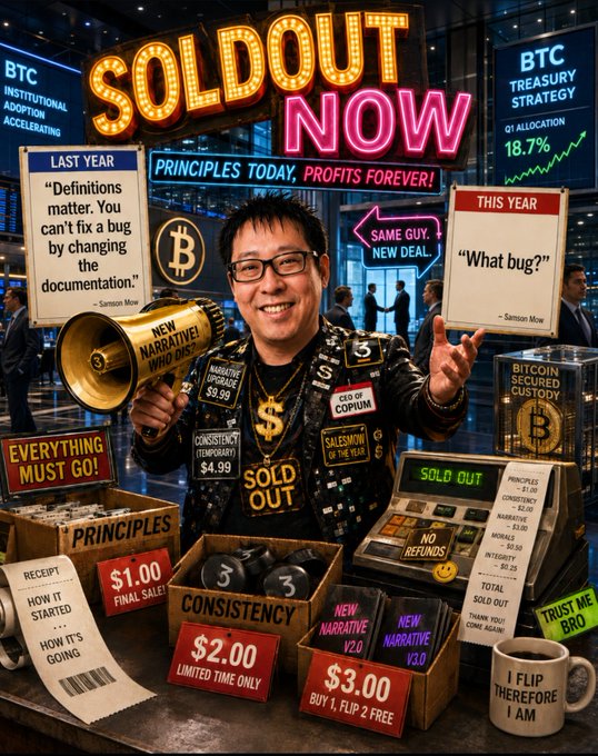 A chaotic satirical promotional image for 'SOLD OUT NOW' merchandise, featuring a man holding a megaphone, quotes attributed to 'Samon Mow' on signs, and references to 'BTC' and 'Bitcoin'.