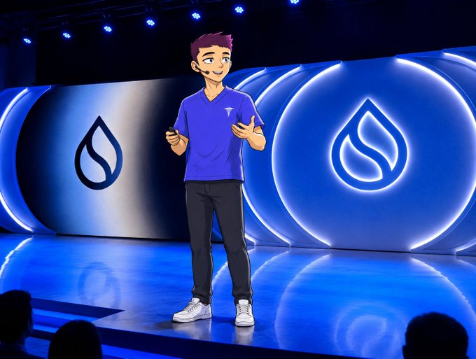An illustrated cartoon figure of a man in a purple shirt and black pants holding a clicker, standing on a stage with blue lighting and a stylized water droplet logo (Sui) behind him.