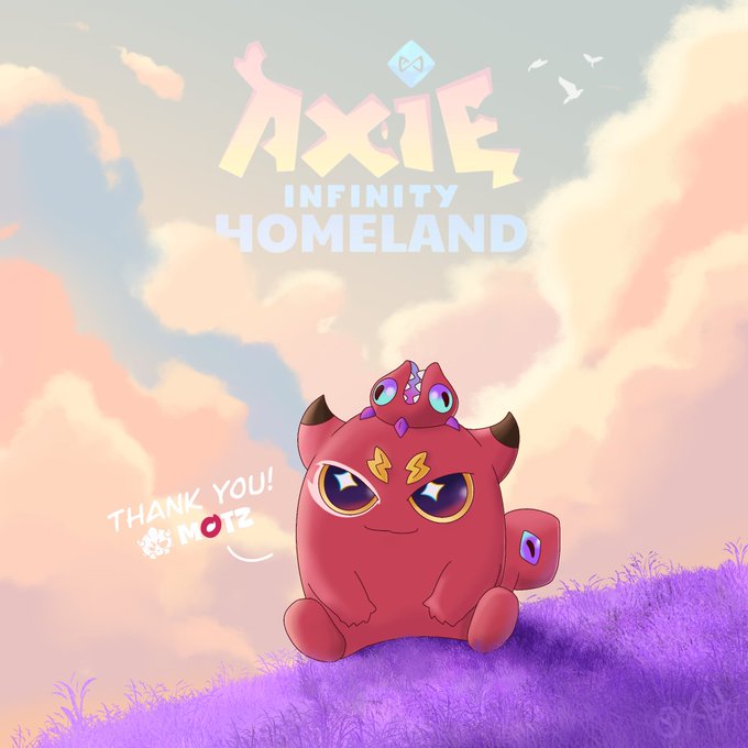 The image features a cartoon character of a red monster sitting on top of a hill, surrounded by purple grass. The background shows a sky with clouds, giving the scene a dreamy atmosphere. In the bottom right corner of the image, there is text that reads "Thank you! MoTZ!", and in the bottom left corner, there is text that says "As @AxieInfinity Homeland closes down, MoTZ wants to wish it a proper farewell, and say a big thank you to all the opportunity this game has given our guild!".