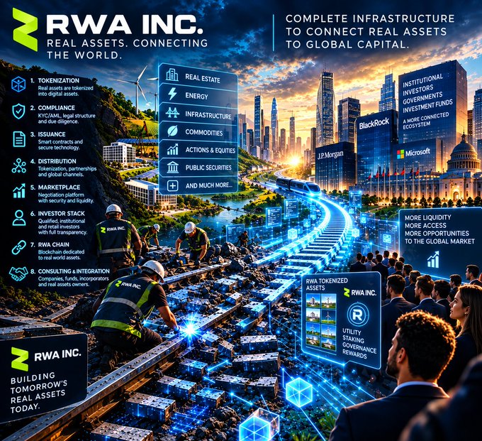 A promotional infographic for 'RWA INC.' titled 'Building Tomorrow's Real Assets Today,' showcasing tokenization services for real estate, energy, and infrastructure, with icons for investors like BlackRock, Microsoft, and J.P. Morgan.