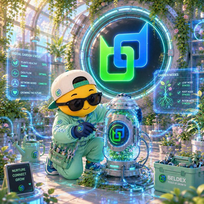 A vibrant digital illustration of a yellow emoji character in a green 'Beldex' jumpsuit and sunglasses working on a glowing blue-green digital garden pod, with HUD displays showing 'Digital Garden Status' (Plants Health 98%, Data Flow Optimal) and 'Garden Nodes' (Leaf, Root, Bloom Node synced), alongside 'Nurture Connect Grow' and 'Beldex Tools of Growth' text.