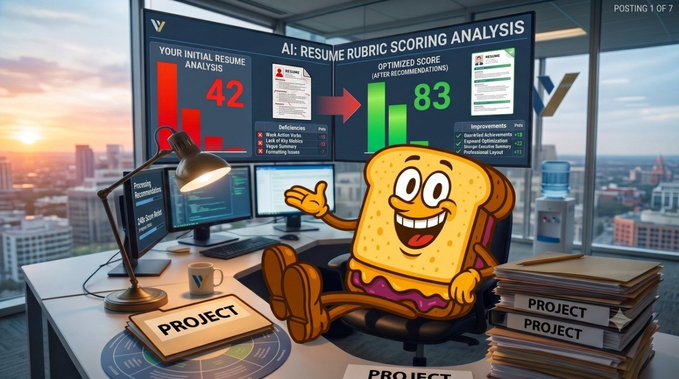 A cartoon toast mascot sits at a desk beside a large screen displaying an "AI: Resume Rubric Scoring Analysis," showing an initial score of 42 improving to an optimized score of 83 with notes on deficiencies and improvements. The image illustrates the post's offer of a free rubric-based resume review to help job seekers beat ATS filters and land more interviews.