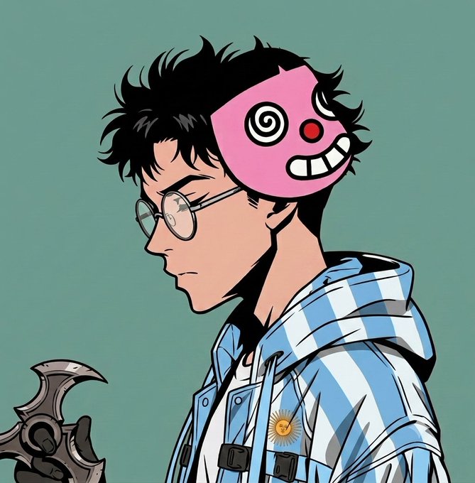 An illustrated side-profile of a young man with messy black hair, round glasses, and a blue-and-white striped hoodie, with a pink spiral-eyed grin overlaid on his head and a mechanical weapon in the foreground.