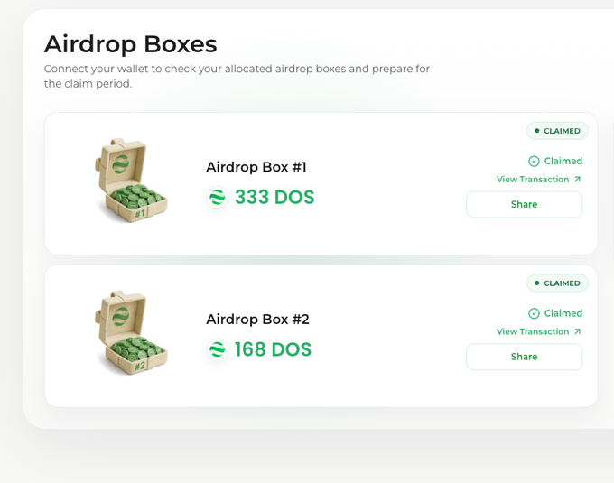 The image shows an "Airdrop Boxes" interface displaying two claimed airdrop boxes: Airdrop Box #1 with 333 DOS and Airdrop Box #2 with 168 DOS, both marked as "Claimed" with options to view transactions or share. This visual confirms the user's receipt of a combined 501 DOS airdrop, supporting their post about recent Web3 rewards and the buzz surrounding $DOS.