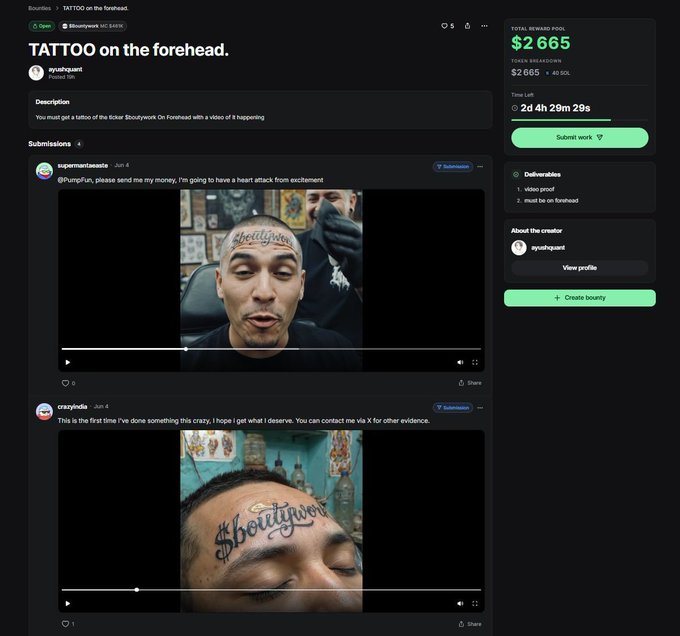 The image shows two photos of people's faces with tattoos on their foreheads. The posts are about tattooing services or products that can be purchased online. One of the posts has a description, while the other one has a picture of someone's face with a tattooed forehead. Both posts have a green button at the bottom which says "Pump fun just launched GO", indicating that they are related to an online marketplace for tattoos and possibly related to a social media post about tattooing services or products.